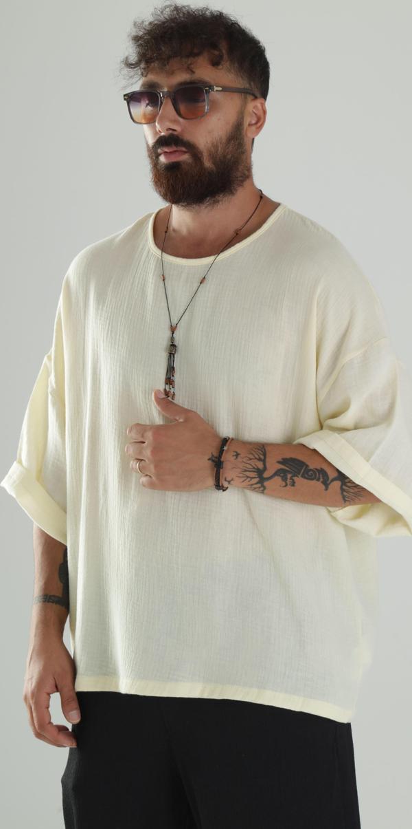 Sarı Müslin Kumaş Oversize Fakir Kol T-Shirt - Image 1