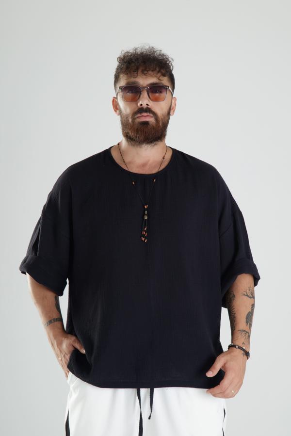 Siyah Müslin Kumaş Oversize Fakir Kol T-Shirt - Image 1