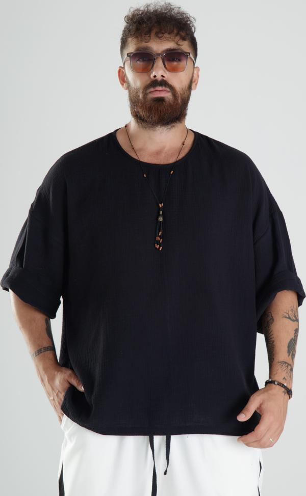 Siyah Müslin Kumaş Oversize Fakir Kol T-Shirt - Image 1