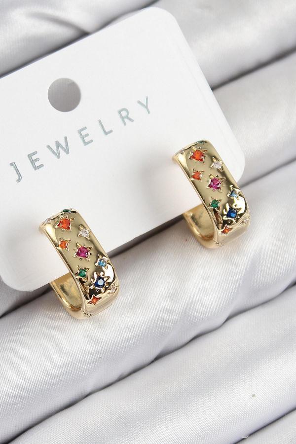 Pirinç Zirkon Taşlı Yıldız Desen Model Gold Renk Kadın Küpe - Image 1