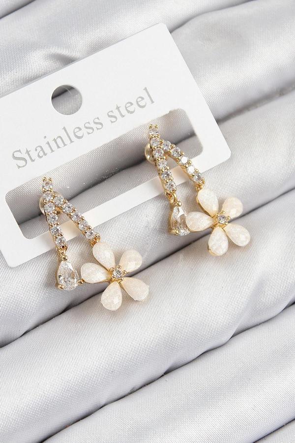 Pirinç Zirkon Taşlı Papatya Model Gold Renk Kadın Küpe - Image 1