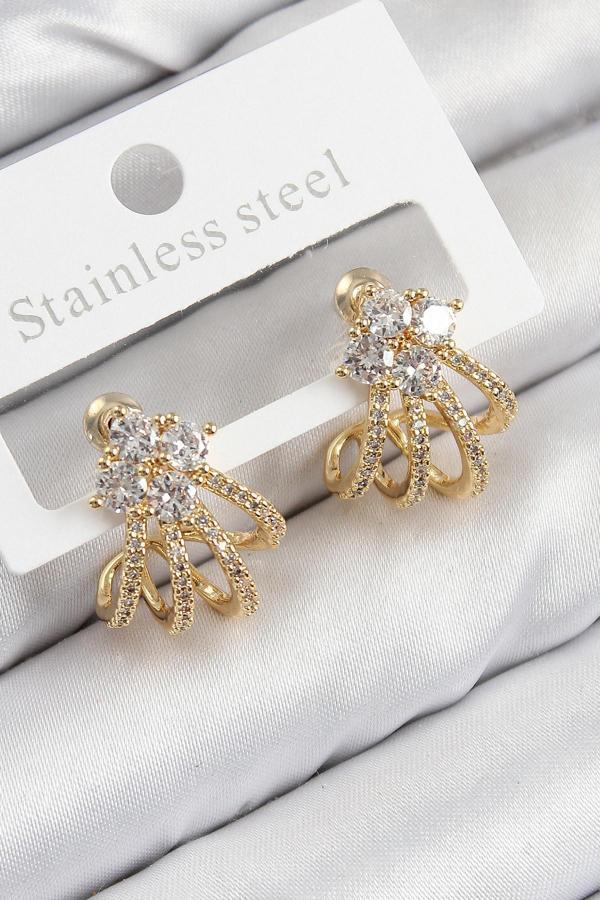Pirinç Zirkon Taşlı Model Gold Renk Kadın Küpe - Image 1