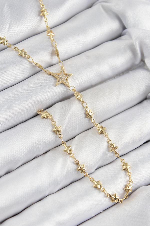 Pirinç Zirkon Taşlı Yıldız Model Gold Renk Y Kolye - Image 1