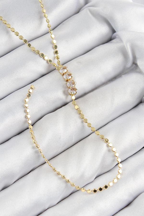 Pirinç Zirkon Taşlı Ezme Zincirli Model Gold Renk Y Kolye - Image 1