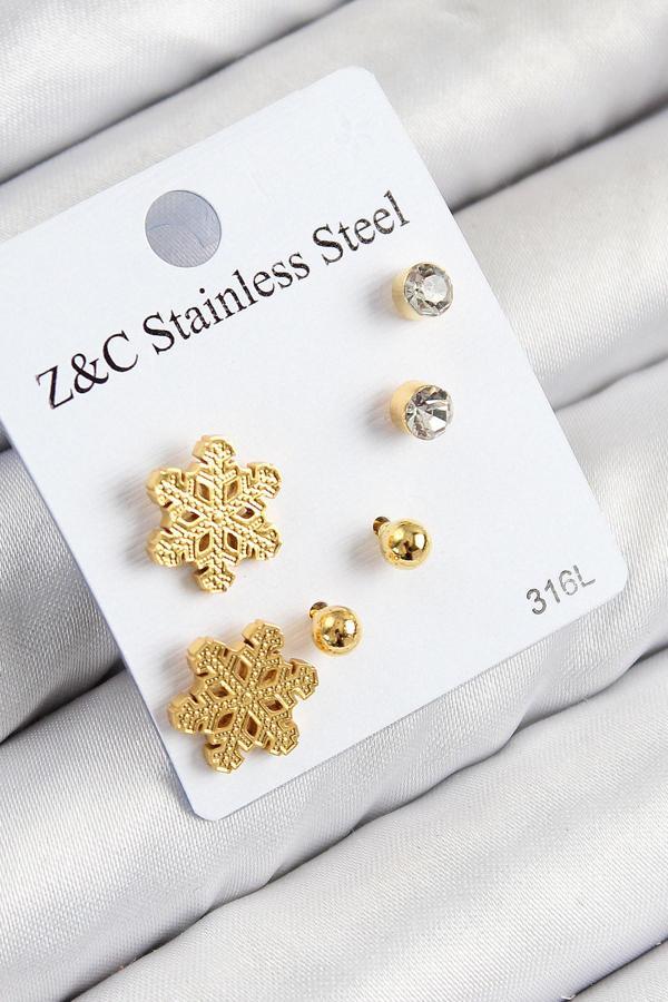 316L Çelik Zirkon Taşlı Kar Tanesi Model Gold Renk Kadın Set Küpe - Image 1