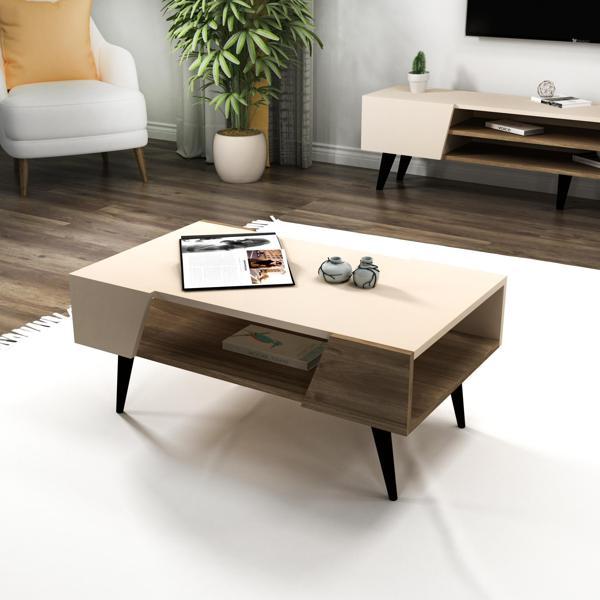 Arnetti Clara Raflı Modern Tasarım Orta Sehpa Salon Sehpası, Ceviz Bej - Clara - Image 1
