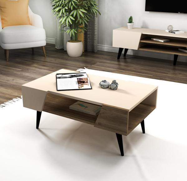 Arnetti Clara Raflı Modern Tasarım Orta Sehpa Salon Sehpası, Ceviz Bej - Clara - Image 1