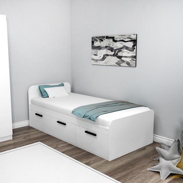 Arnetti Akser Beyaz Karyola – 90x190 Tek Kişilik Yatak Uyumlu, Dolaplı Genç Karyolası - Image 1