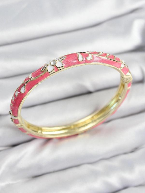Mineli Pirinç Zirkon Taşlı Pembe Çiçek Motifli Gold Kadın Kelepçe - Image 1