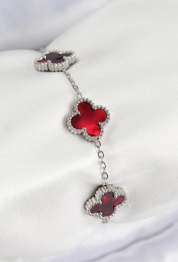 316L Çelik Sedefli Kırmızı Gümüş Renk Yonca Kadın Bileklik - Image 1