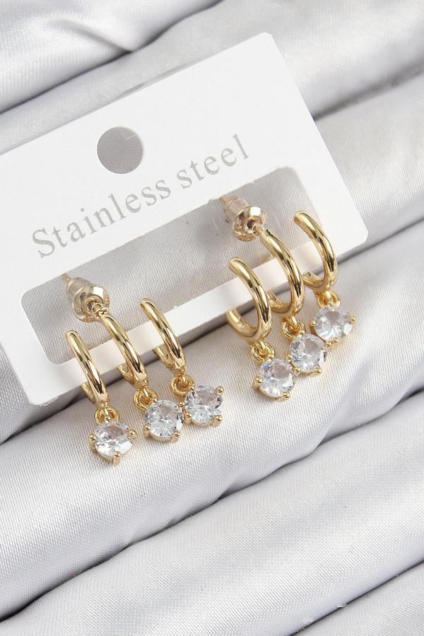 Pirinç Sallantılı Zirkon Taşlı Model Gold Renk Kadın Küpe - Image 1