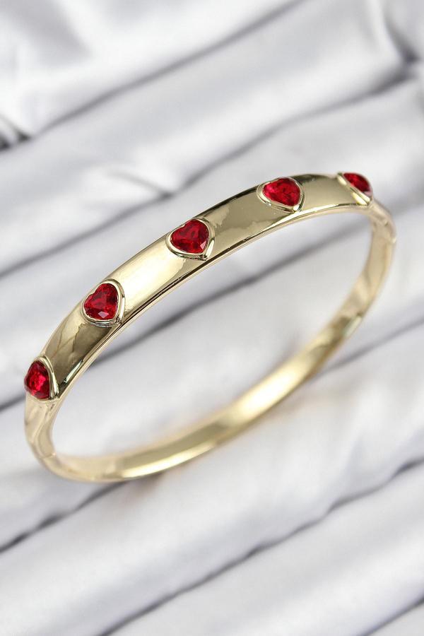Pirinç Zirkon Taşlı Kırmızı Kalp Model Gold Renk Kadın Kelepçe - Image 1