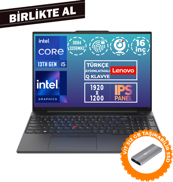 Lenovo ThinkPad E16 G1 i5-13420H 40GB 1TB SSD 16" WUXGA Freedos + VIT 512 GB SSD 21JN00JUTX 027 - Image 1