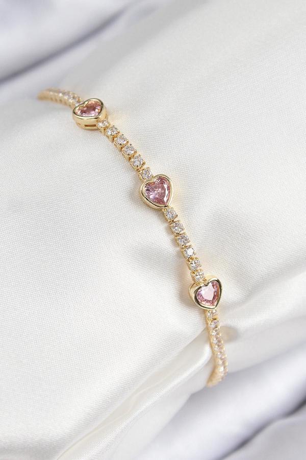 Pirinç Zirkon Taşlı Pembe Kalp Model Gold Renk Kadın Bileklik - Image 1