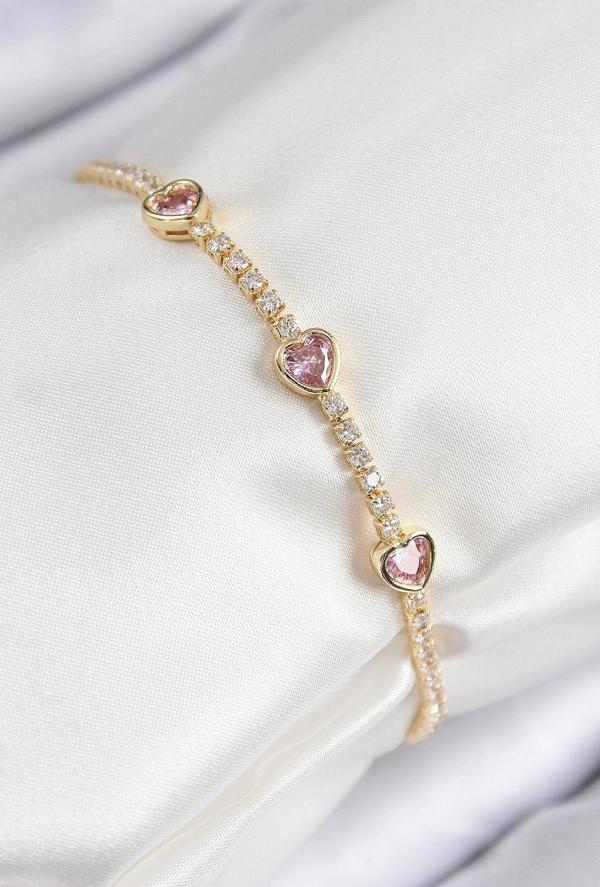 Pirinç Zirkon Taşlı Pembe Kalp Model Gold Renk Kadın Bileklik - Image 1