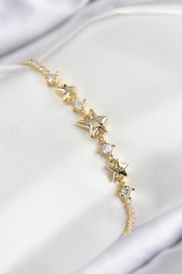 Pirinç Zirkon Taşlı Yıldız Model Gold Renk Kadın Bileklik - Image 1