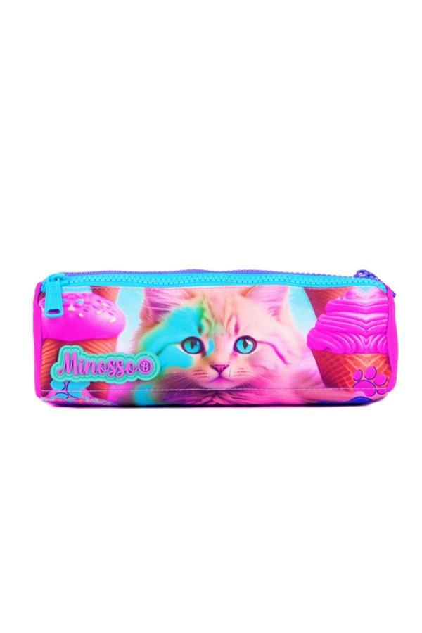 Minosso Kedi Desenli Kız Çocuk Üç Bölmeli Kalem Çantası 6001 - Image 1