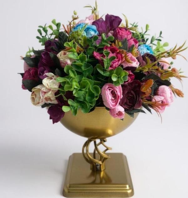 Yapay Çiçek Aranjmanı Erengüllü Antik Altın Renk Metal Burgulu Vazolu Nişan Kız İsteme Çiçeği - Image 1