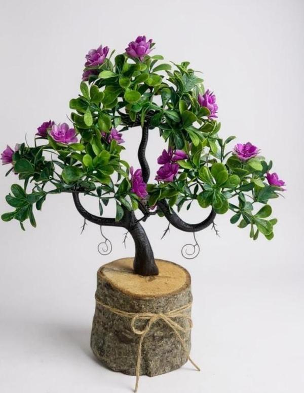 Yapay Çiçek Lila Çiçekli Bonsai Ağacı Dekoratif Kütük Saksıda Yapay Ağaç Bonzai Losus Çiçekli - Image 1