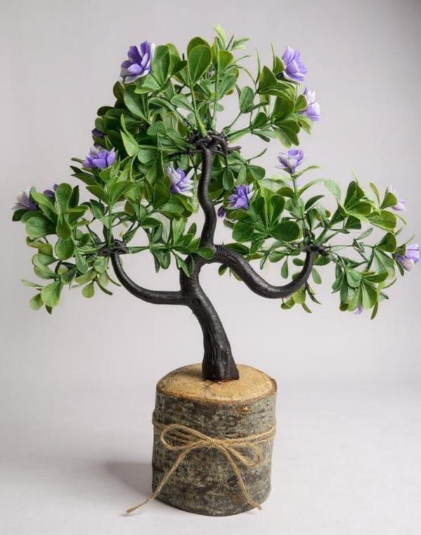 Yapay Çiçek Mor Çiçekli Bonsai Ağacı Dekoratif Kütük Saksıda Yapay Ağaç Bonzai Losus Çiçekli - Image 1