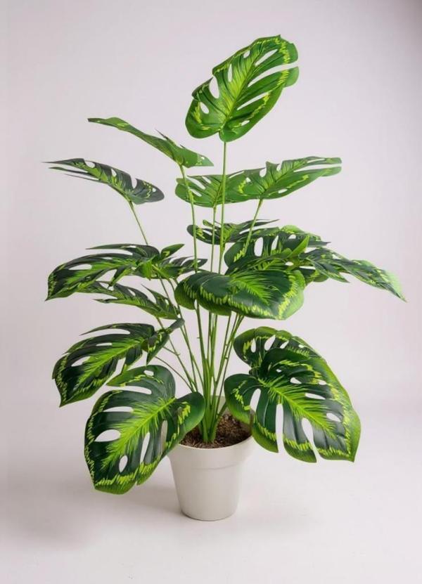 Yapay Çiçek Salon Bitkisi Monstera Tropik Desenli  70cm 18 Yaprak Antrasit Krem Saksıda - Image 1
