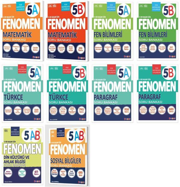 Fenomen Okul 2025 5. Sınıf Matematik + Türkçe + Fen + Paragraf + Sosyal + Din A + B Soru Seti 12 Kitap Güncel Müfredat - Image 1
