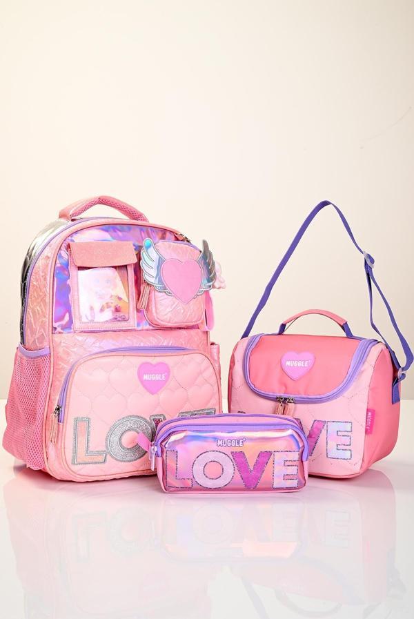 Muggle 5780 Kız Çocuk Pembe 3’lü Okul Seti (Büyük Çanta + Beslenme Çantası + Kalemlik) – LOVE Desenli - Image 1