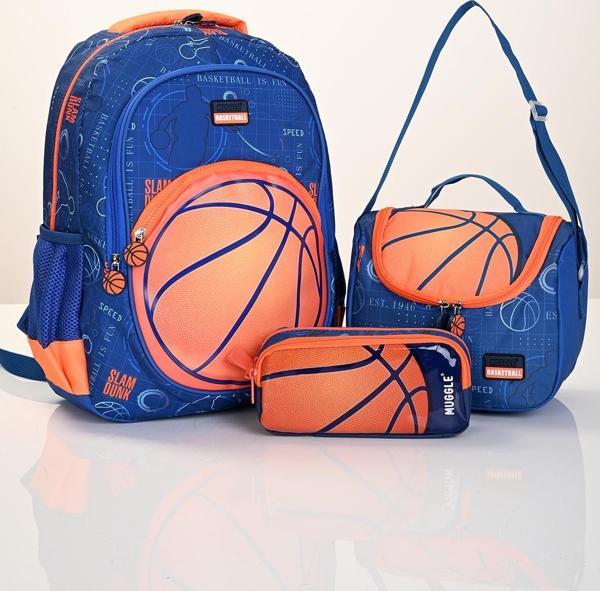 Muggle 5880 Basketbol Temalı 3’lü Okul Çanta Seti (Sırt Çantası + Beslenme Çantası + Kalemlik) – Mavi Turuncu - Image 1