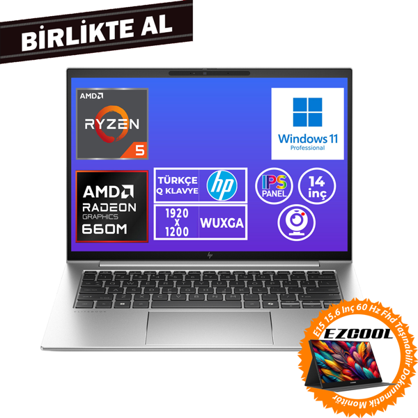 HP EliteBook 845 G9 Ryzen 5 6600U 16GB 512GB SSD 14" WUXGA W11P + 15.6" Touch Monitör 5Z5P1EA 024 - Image 1