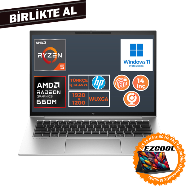HP EliteBook 845 G9 Ryzen 5 6600U 16GB 512GB SSD 14" WUXGA W11P + 15.6" Touch Monitör 5Z6L9EA 026 - Image 1