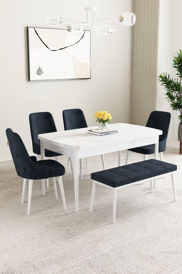Clara Beyaz 80x132 Açılabilir Mdf Masa Yemek Odası Takımı,Mutfak Takımı 4 Sandalye 1 Bench - Image 1