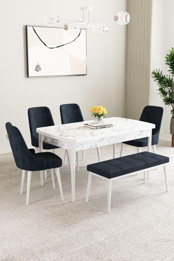 Clara Beyaz Mermer 80x132 Açılabilir Mdf Masa Yemek Odası Takımı,Mutfak Takımı 4 Sandalye 1 Bench - Image 1