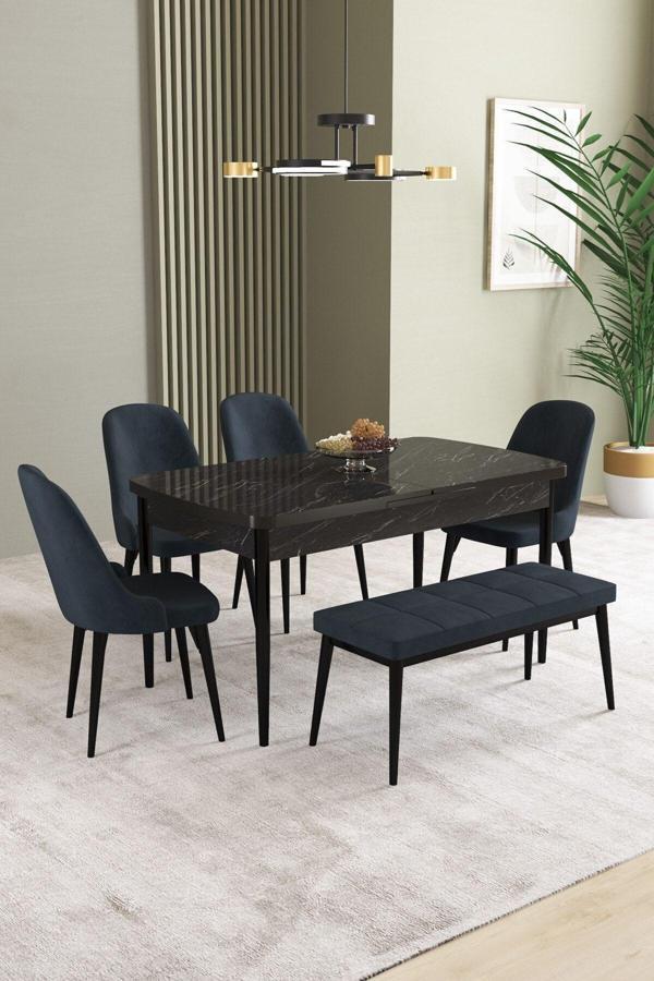 Ikon Siyah Mermer 80x132 Açılabilir Mdf Masa Yemek Odası Takımı, Mutfak Takımı 4 Sandalye, 1 Bench - Image 1