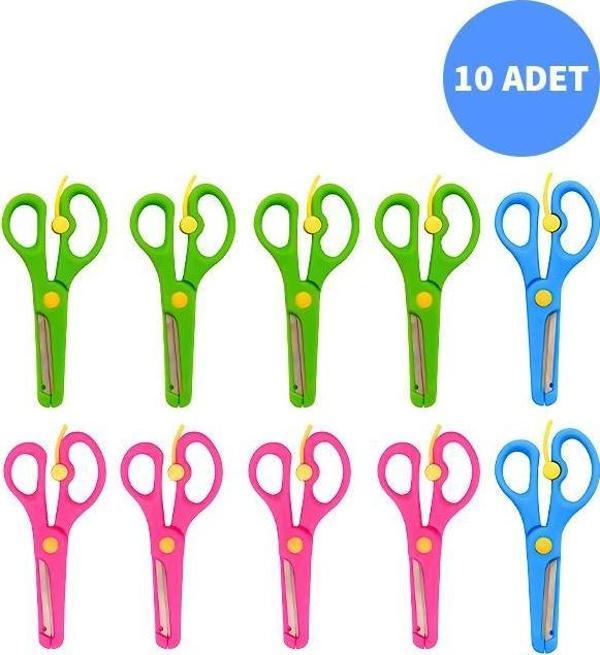 Neon Plastik Korumalı Küt Uçlu Yaylı Çocuk Okul Makası 10lu Set - Image 1