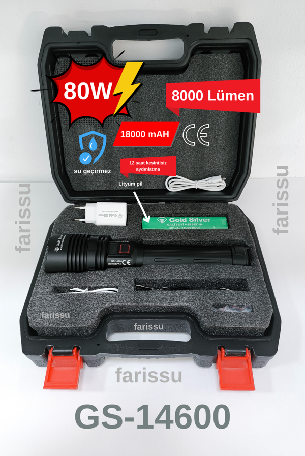 Gold Silver GS-14600 Şarjlı El Feneri | 80W 8000 Lümen - 18000 mAh Powerbank Özellikli - Image 1