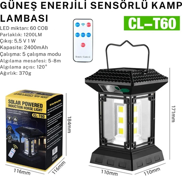 Uzaktan Kumandalı CL-T60 Solar LED Lamba - 2400mAh Pil Kapasiteli, Su Geçirmez kamp lambası - Image 1