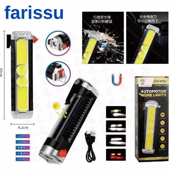 Çok Fonksiyonlu Oto Acil Durum El Feneri - COB LED, Güneş Enerjili, Cam Kırıcı & Kemer Kesici - Image 1
