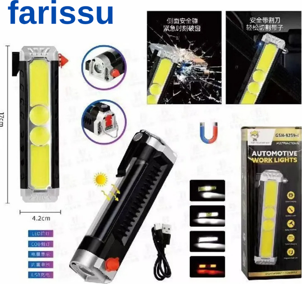 Çok Fonksiyonlu Oto Acil Durum El Feneri - COB LED, Güneş Enerjili, Cam Kırıcı & Kemer Kesici - Image 1