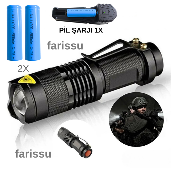 Taktik Tip Zoomlu El Feneri | 2 Adet 1900 mAh Pil + Şarj Cihazı | 3 Mod | Süper Parlak LED - Image 1
