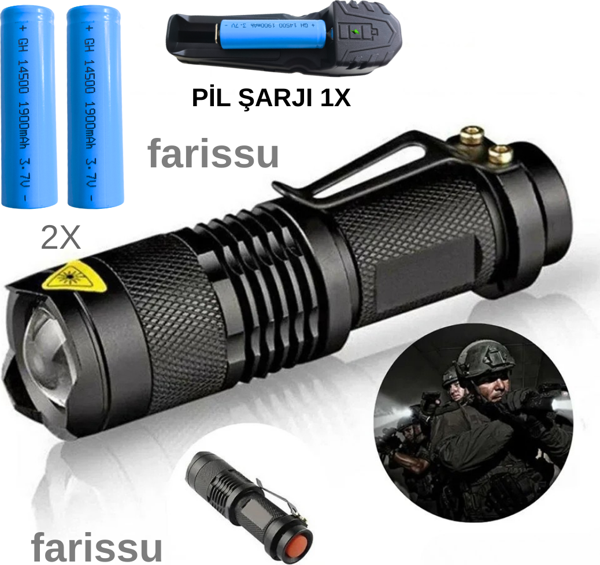 Taktik Tip Zoomlu El Feneri | 2 Adet 1900 mAh Pil + Şarj Cihazı | 3 Mod | Süper Parlak LED - Image 1