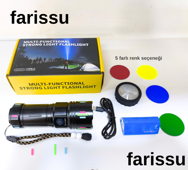 Şarjlı LED El Feneri | 100W | 8000-12000 Lümen | Zoomlu | 4500 mAh | Renkli Lensli - Image 1