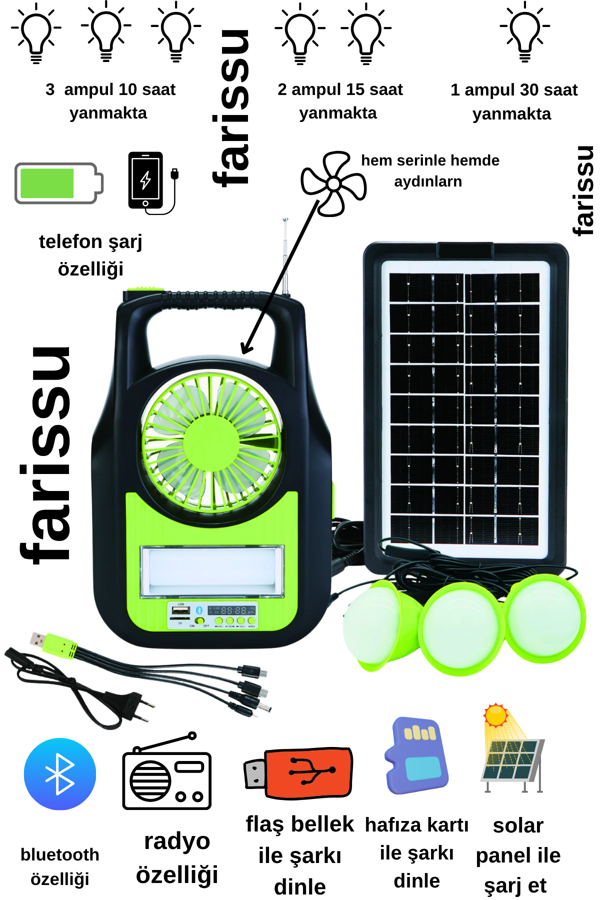 Taşınabilir Güneş Enerjili Aydınlatma Sistemi – Solar Panel, USB Şarj, Fan, Bluetooth, Radyo, 3 Ampullü Kamp Feneri - Image 1