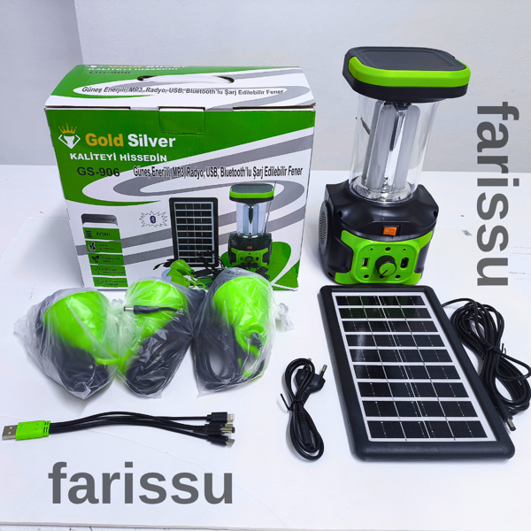 Gold Silver GS-906 Solar Enerjili Şarjlı Fener – Bluetooth, Radyo, USB, Güneş Paneli Dahil - Image 1