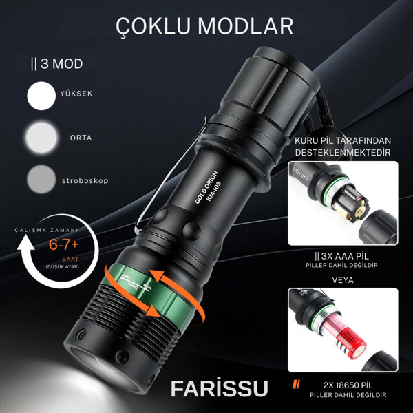 Gerçek Metal Gövde – Zoom Özellikli, Şarjlı, Su Geçirmez KM-109 El Feneri (3000 Lümen) - Image 1