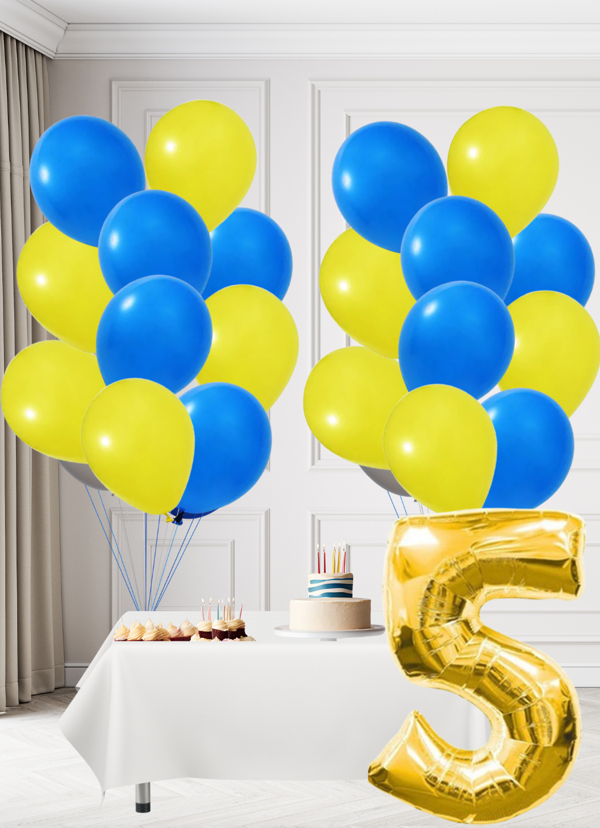 5 Yaş Sarı Lacivert Taraftar Temalı Doğum Günü Seti Sarı Lacivert Balonlar Altın Folyo Rakam - Image 1
