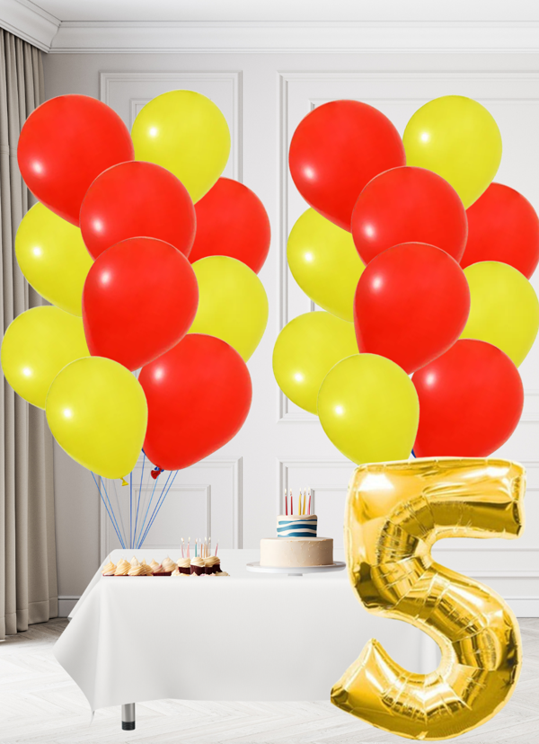 5 Yaş Sarı Kırmızı Taraftar Temalı Doğum Günü Seti Sarı Kırmızı Balonlar Altın Folyo Rakam - Image 1