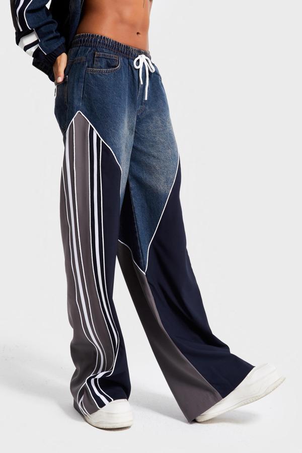 Kadın Kot Rengi Denim Kumaş Parçalı Bol Kesim Özel Tasarım Denim Jean - Image 1