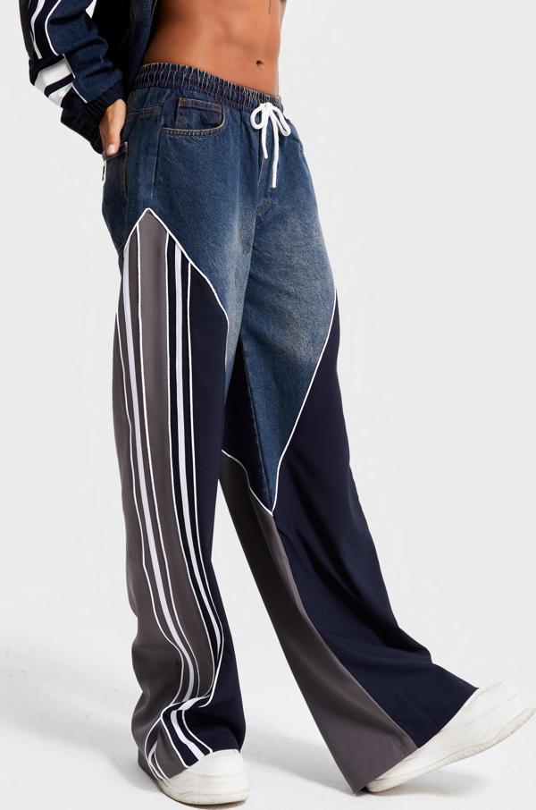 Kadın Kot Rengi Denim Kumaş Parçalı Bol Kesim Özel Tasarım Denim Jean - Image 1