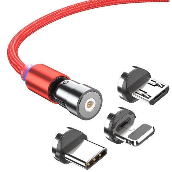 Zhltools 540 Dönebilen Mıknatıslı Usb Şarj Kablosu 3 Başlık iphone+type-c+micro 1 Metre Kırmızı - Image 1