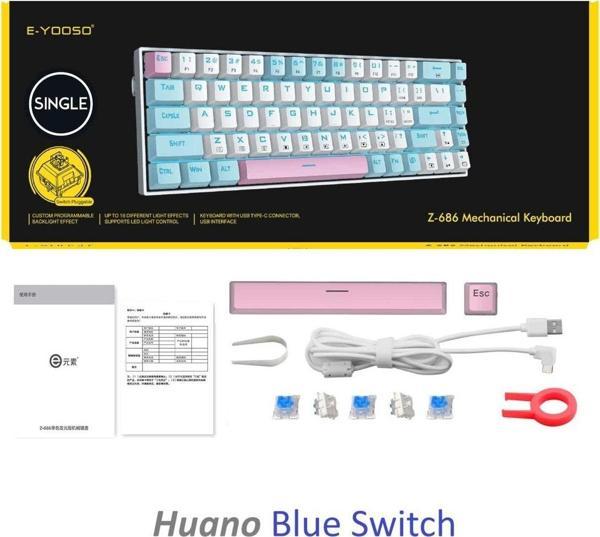 E-Yooso Beyaz Mini Mekanik Klavye Z-686 Huano Blue Switch Işıklı - Image 1